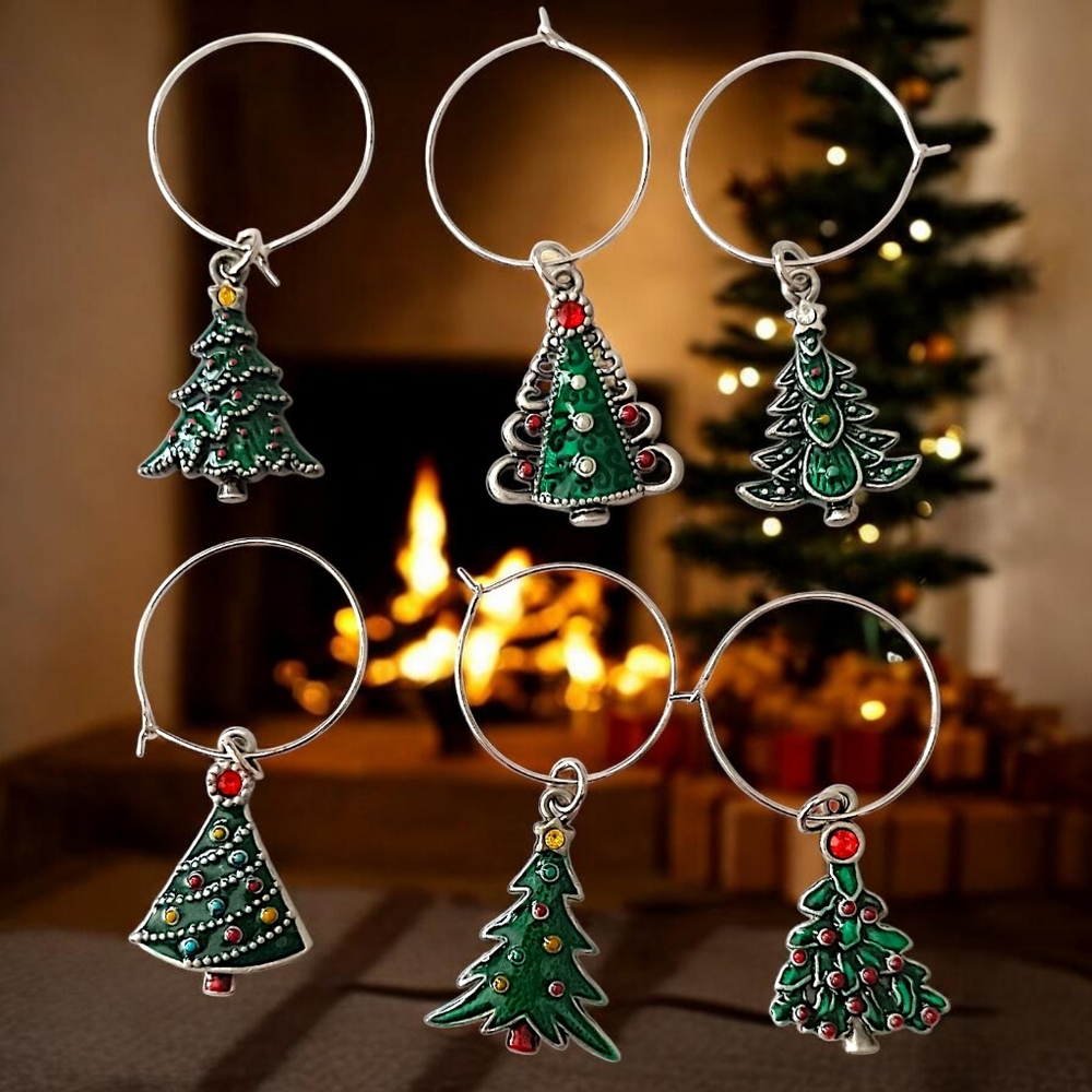6 Christmas Tree Wine Glass Charms Markers‎ Enameled Silver Tone Holiday Winter